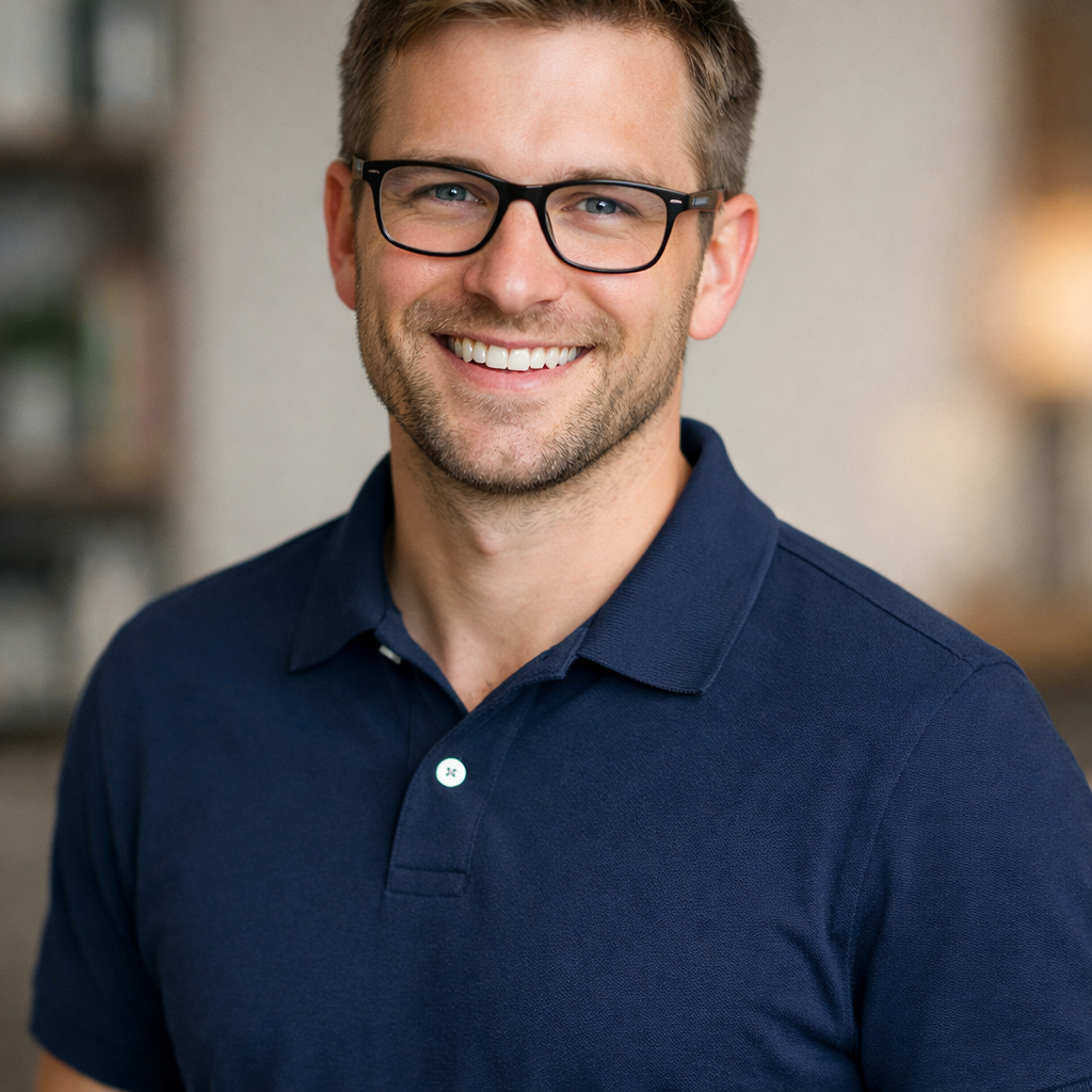 Smiling man with glasses wearing a navy polo shirt